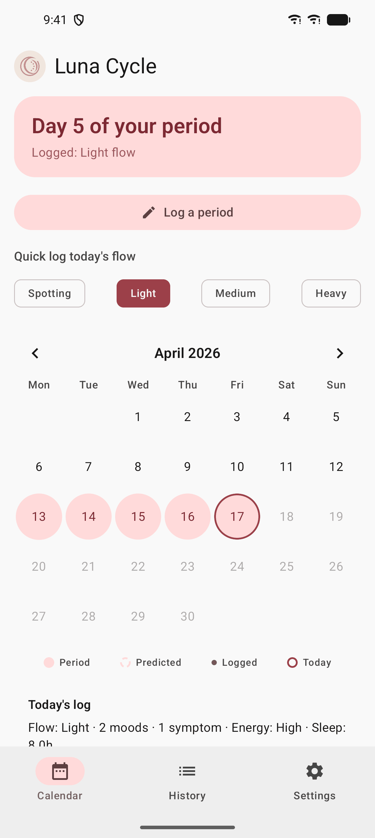 Luna Cycle calendar view