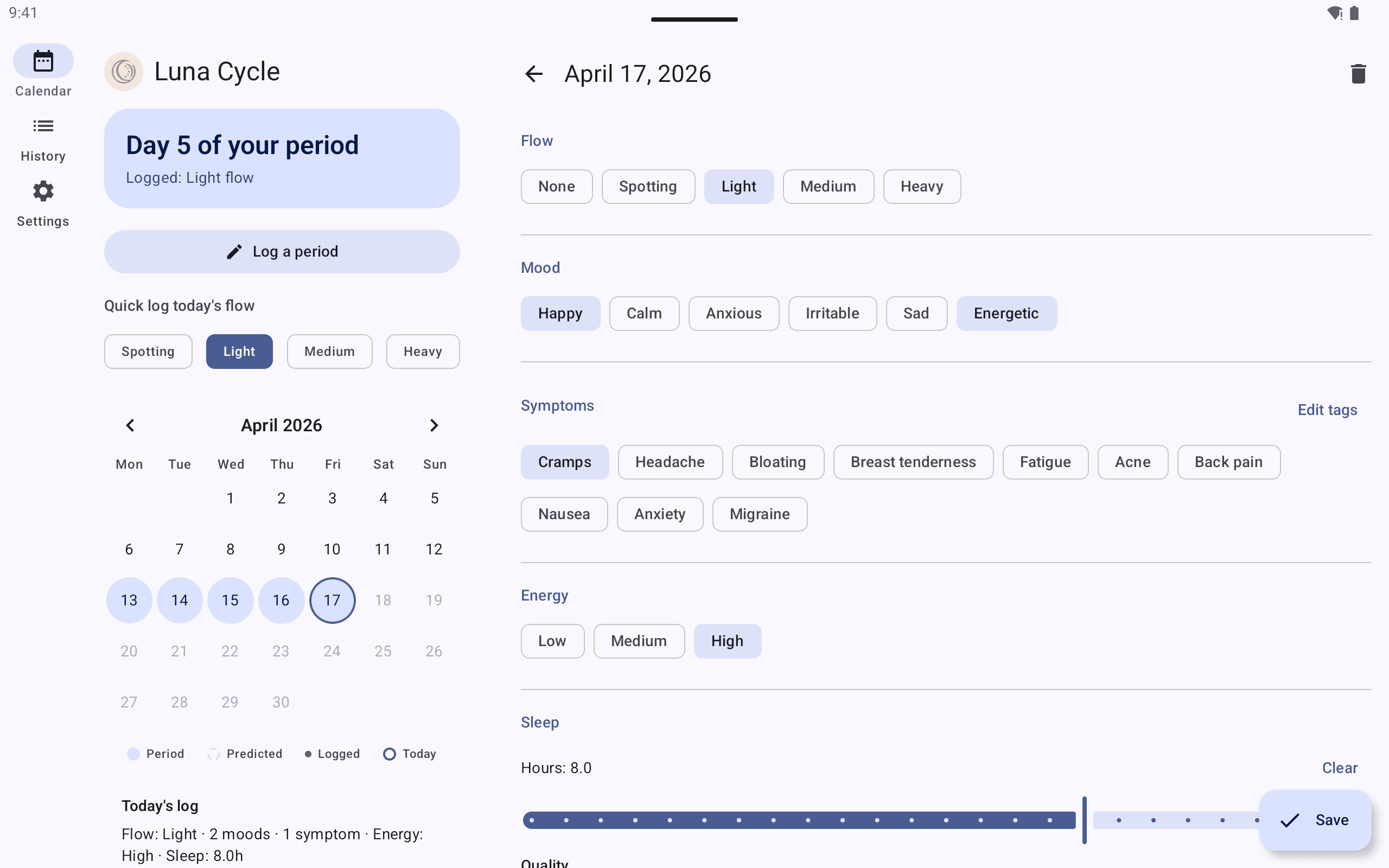 Luna Cycle on a tablet showing calendar and daily log side-by-side